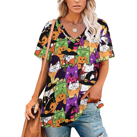 Halloween Cats Short-Sleeve V-Neck T-Shirt