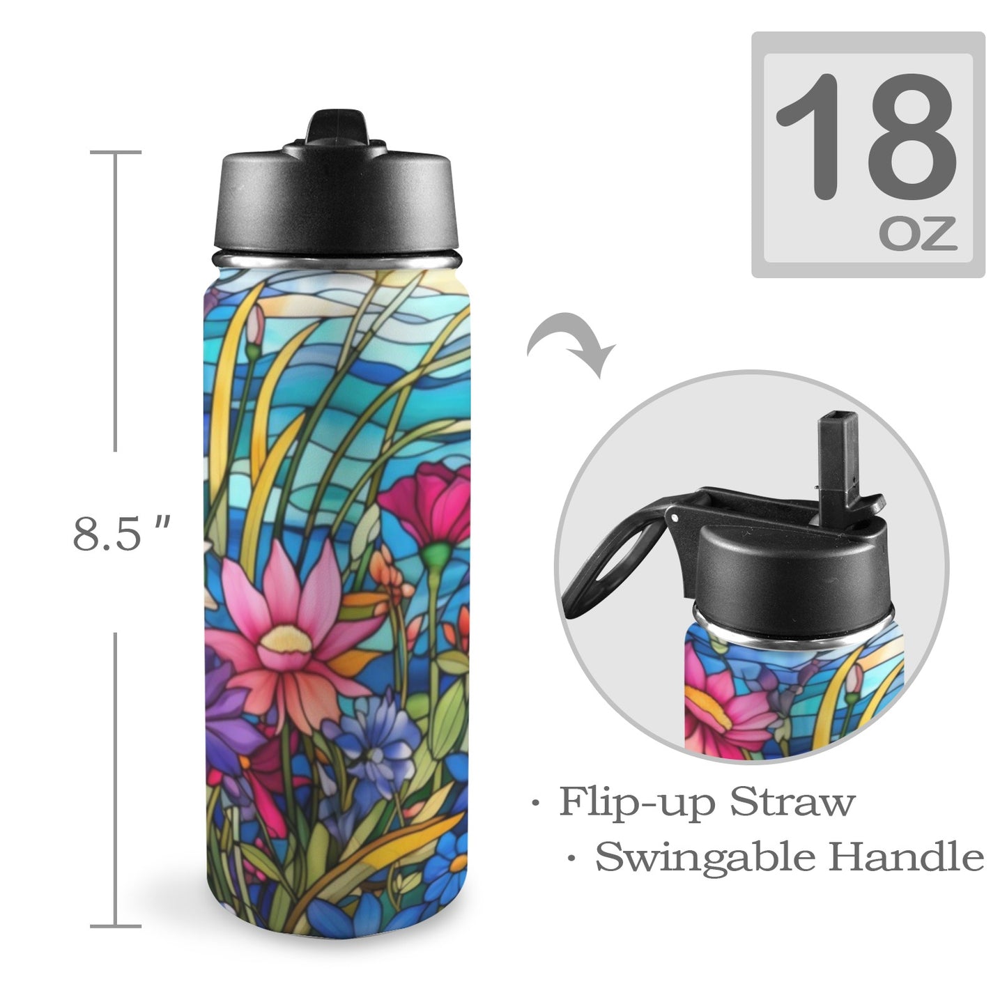 Stained Glass Flowers  Insulated Water Bottle with Straw Lid (18oz)