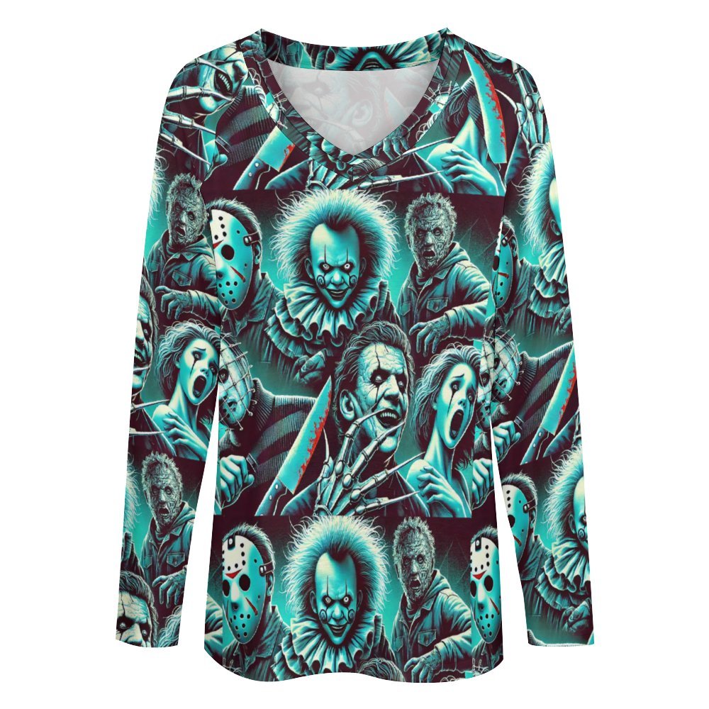 Spooky Chic: Women’s Long Sleeve Loose Tee with Halloween Horror