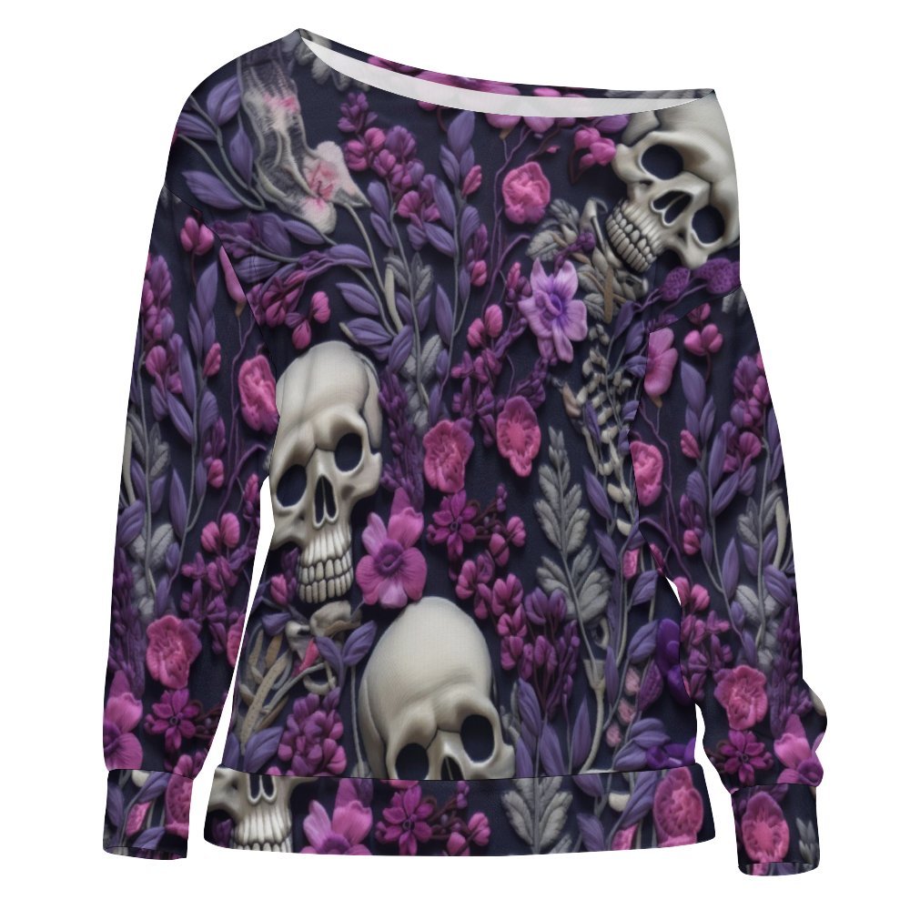 Skeletons w/ Purple Flowers Off Shoulder Sweatshirt