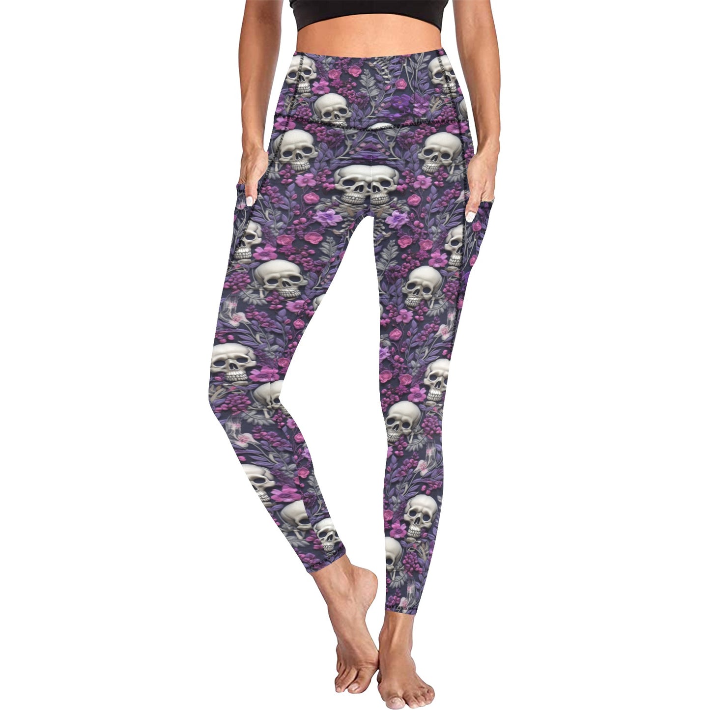 Skeletons w/ Purple Flowers Women's  Leggings with Pockets