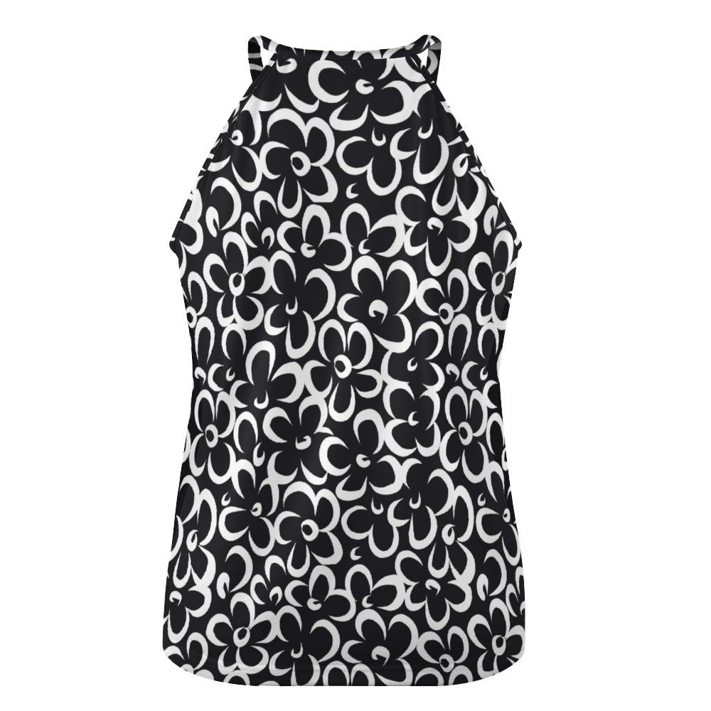 Black n White Flowers Round-Neck Vest