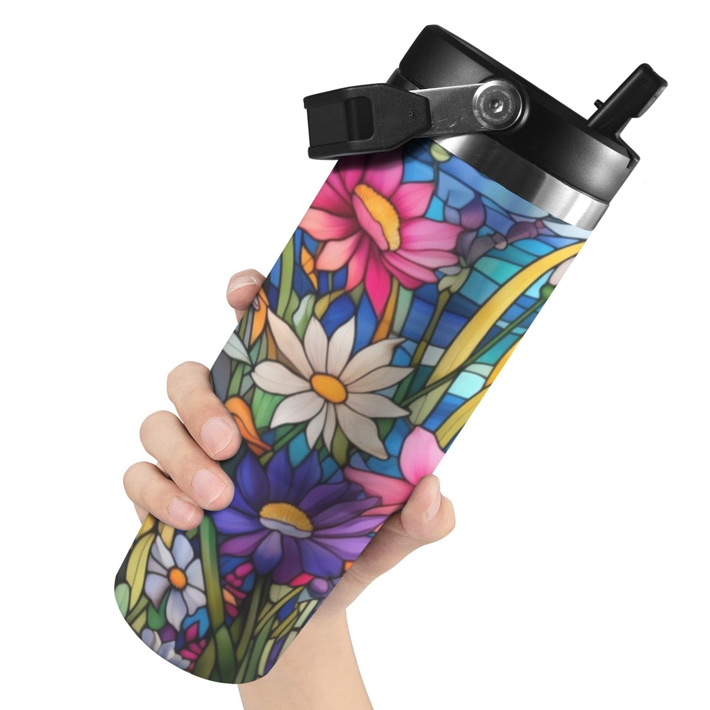 Stained Glass Flowers  30oz Tumbler with Top Handle