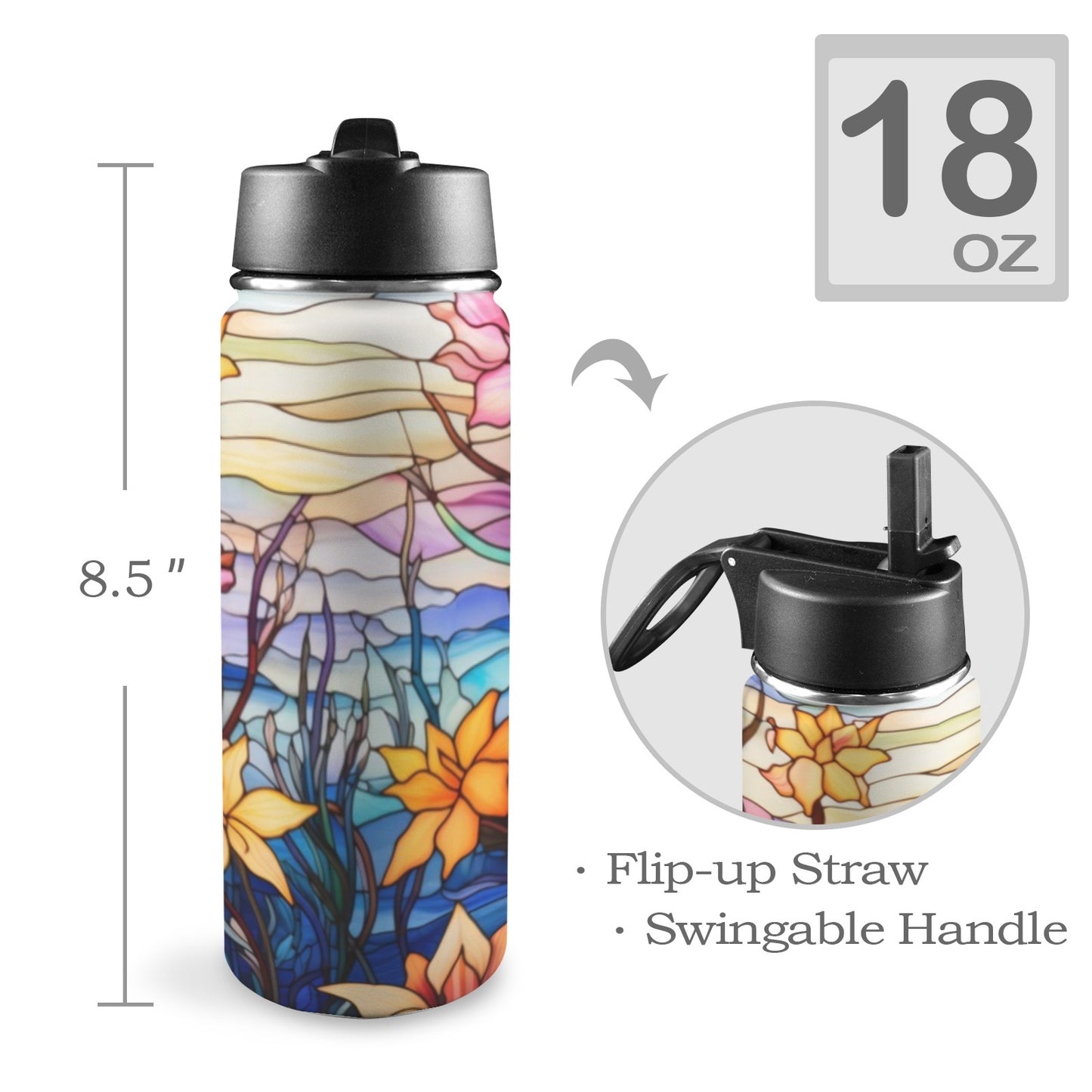 Stained Glass Flowers Background 02 Insulated Water Bottle with Straw Lid (18oz)