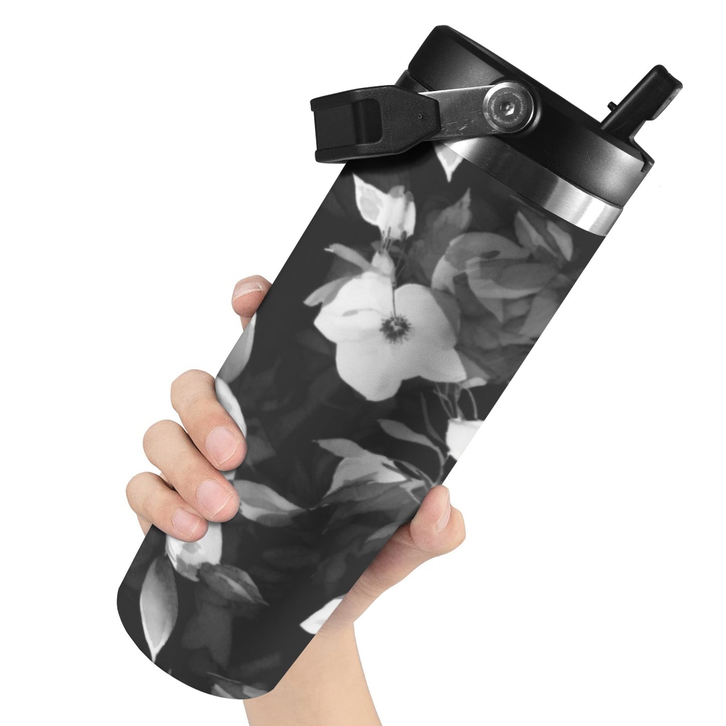 Black and White Flowers 30oz Tumbler with Top Handle