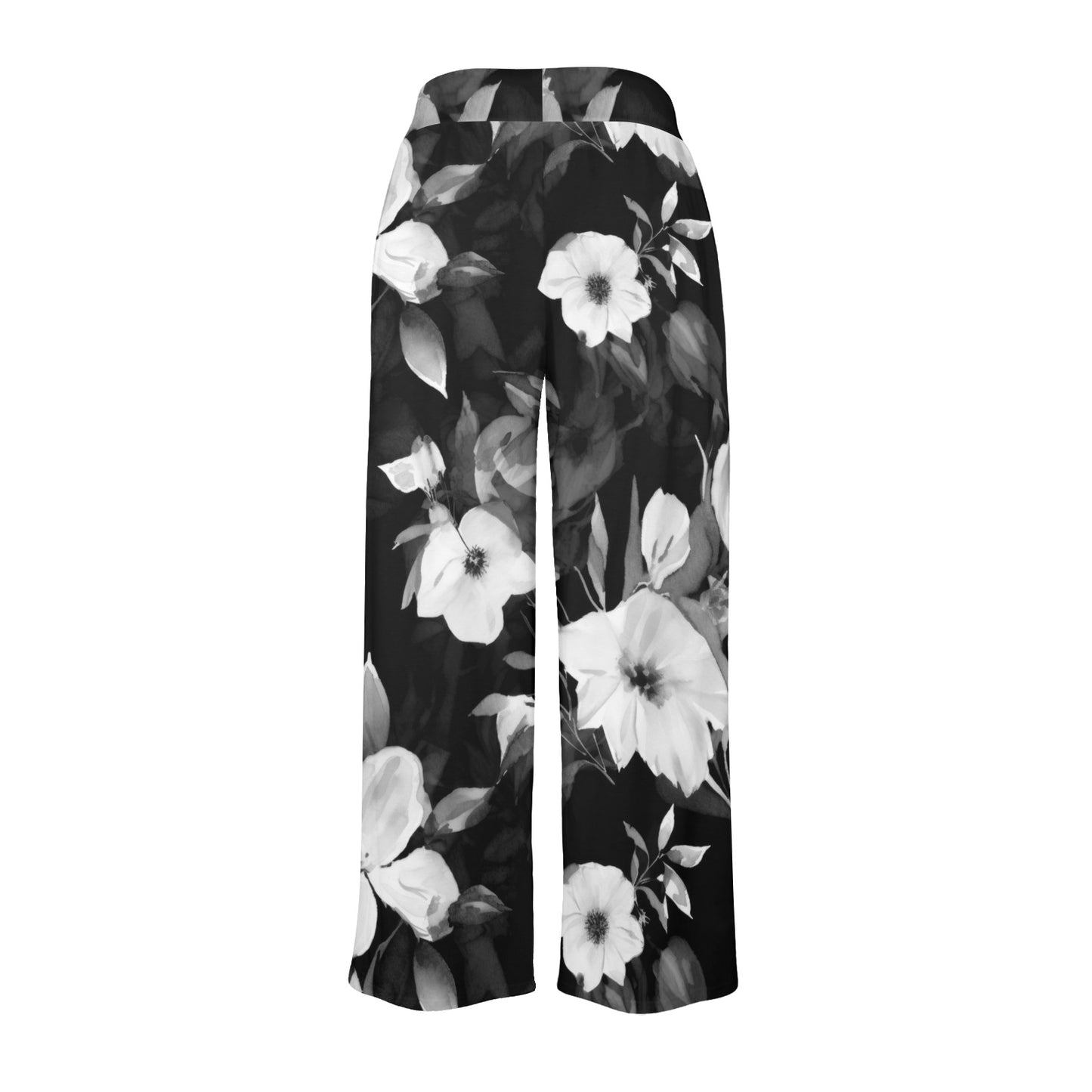 Black and White Flowers Women's Wide Leg Lounge Pants