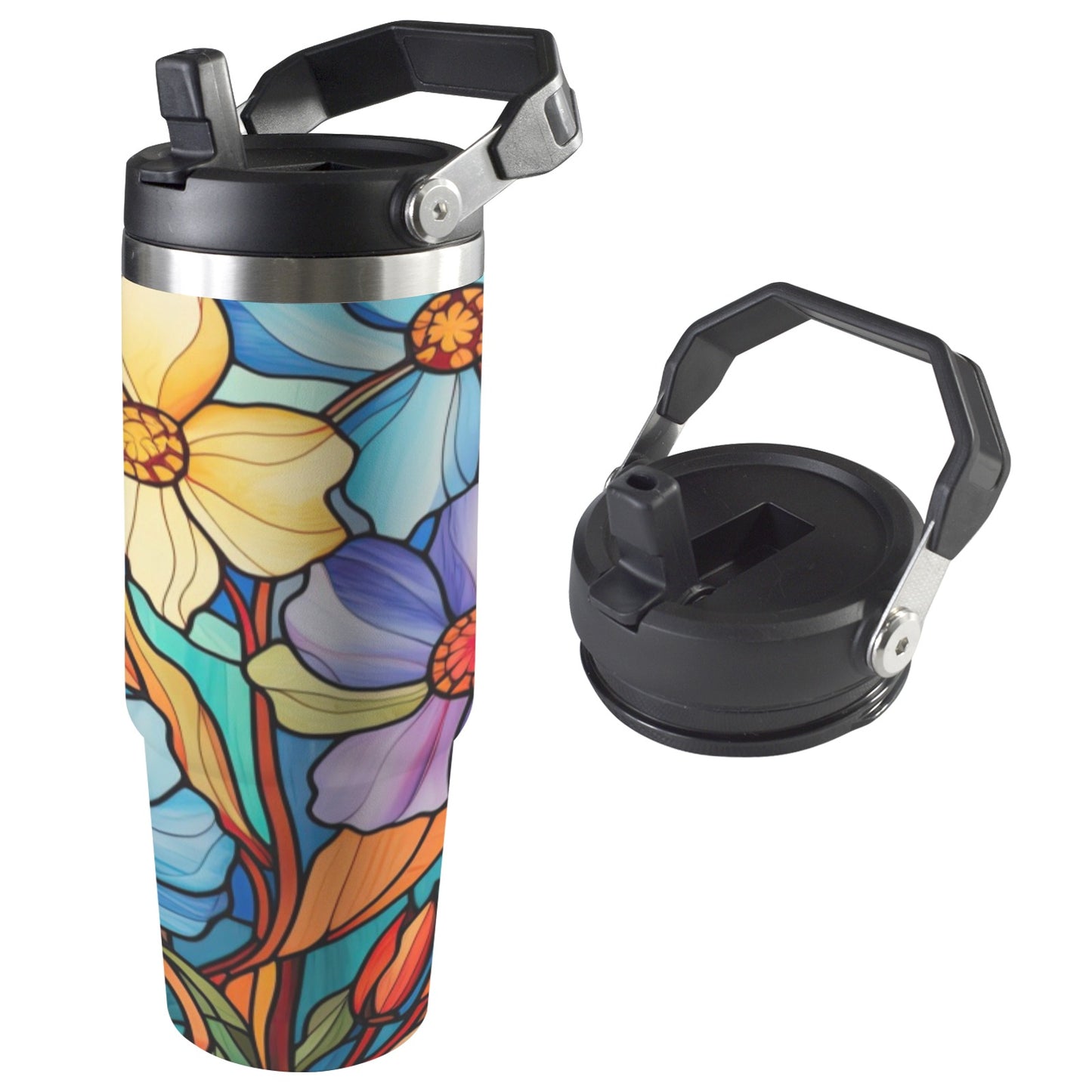 Stained Glass Flowers 3 30oz Tumbler with Top Handle