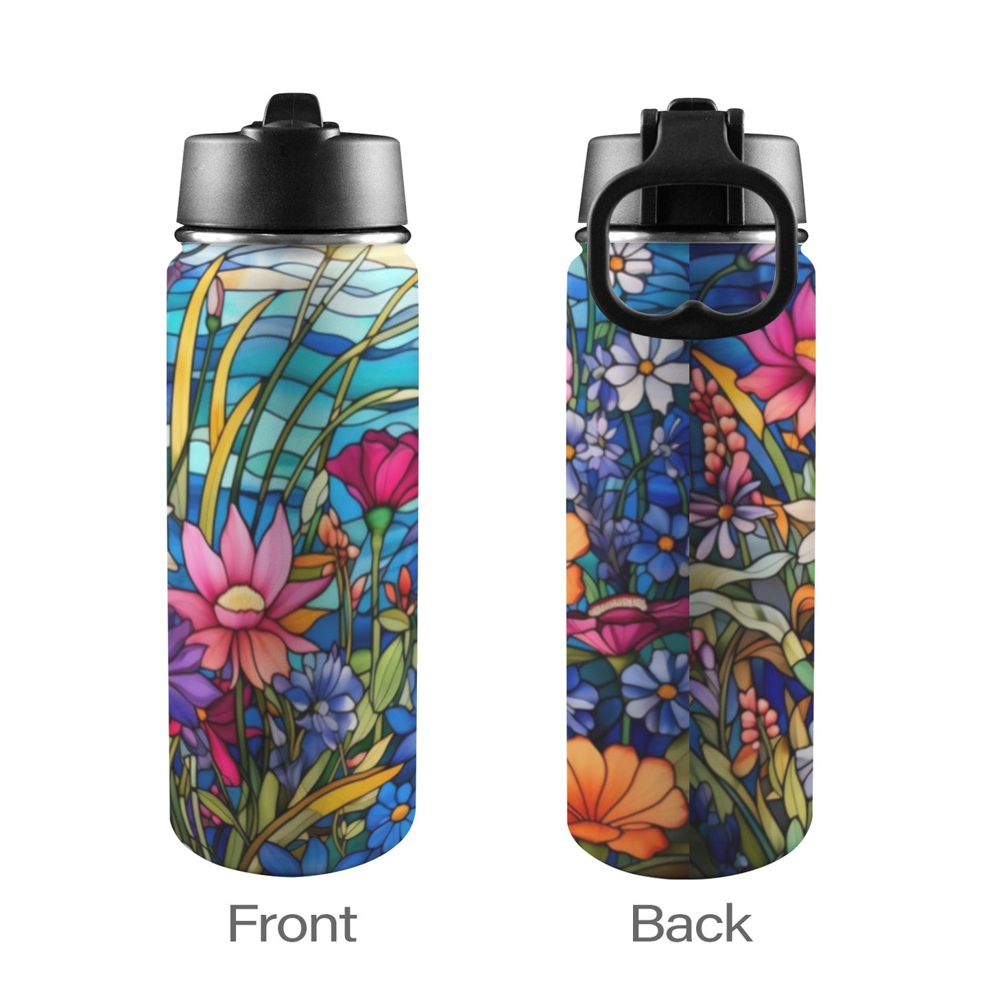 Stained Glass Flowers  Insulated Water Bottle with Straw Lid (18oz)