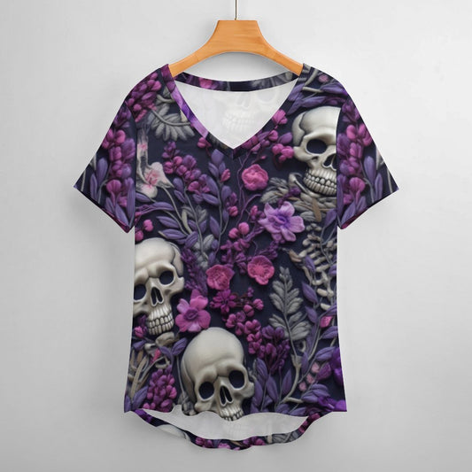 Skeletons w/ Purple Flowers Short-Sleeve V-Neck T-Shirt