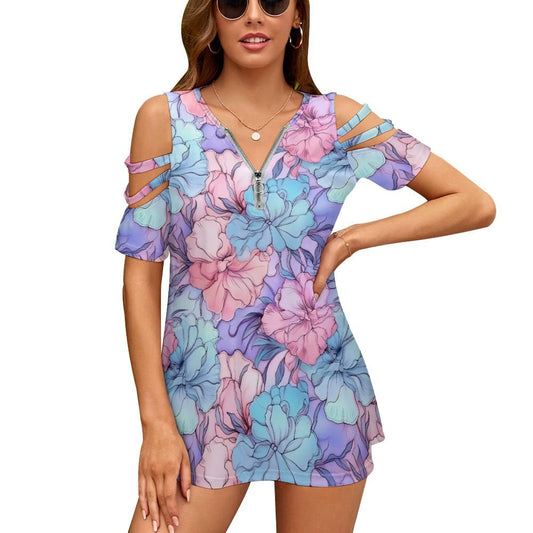 Pastel Flowers Off Shoulder Zip V-Neck Tunic