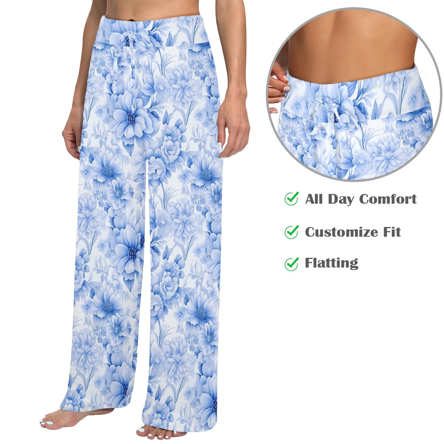 Blue Flowers Women's Wide Leg Lounge Pants