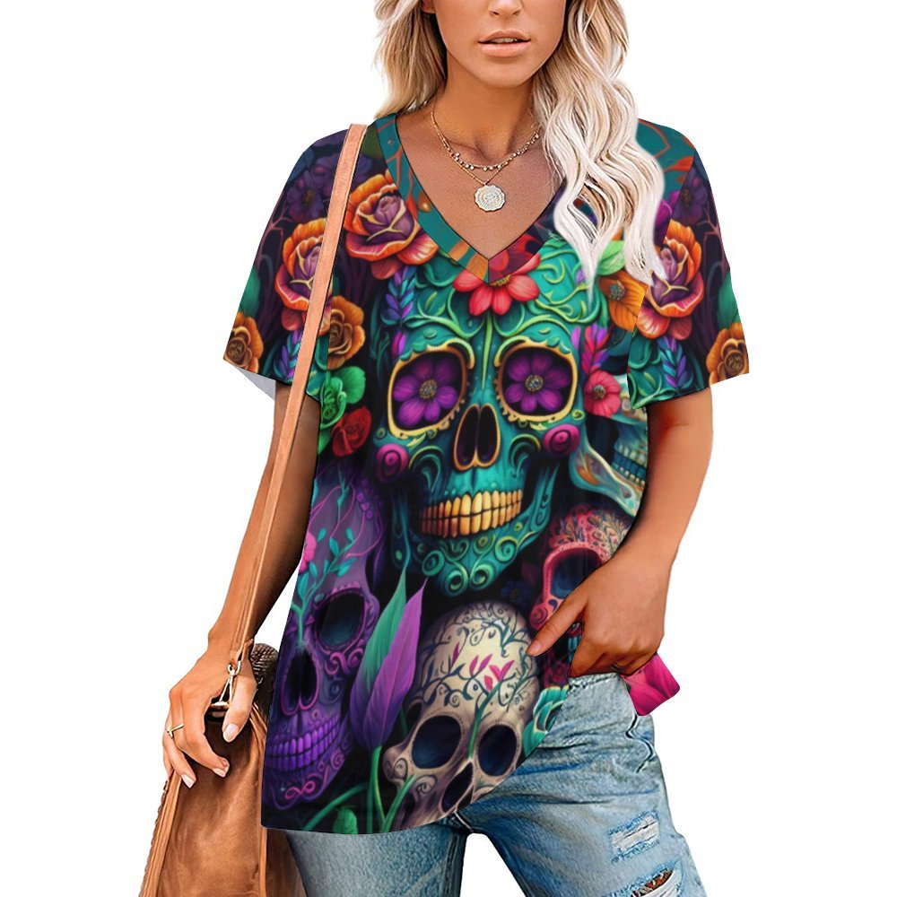 Colorful Skeleton Collage Short-Sleeve V-Neck T-Shirt