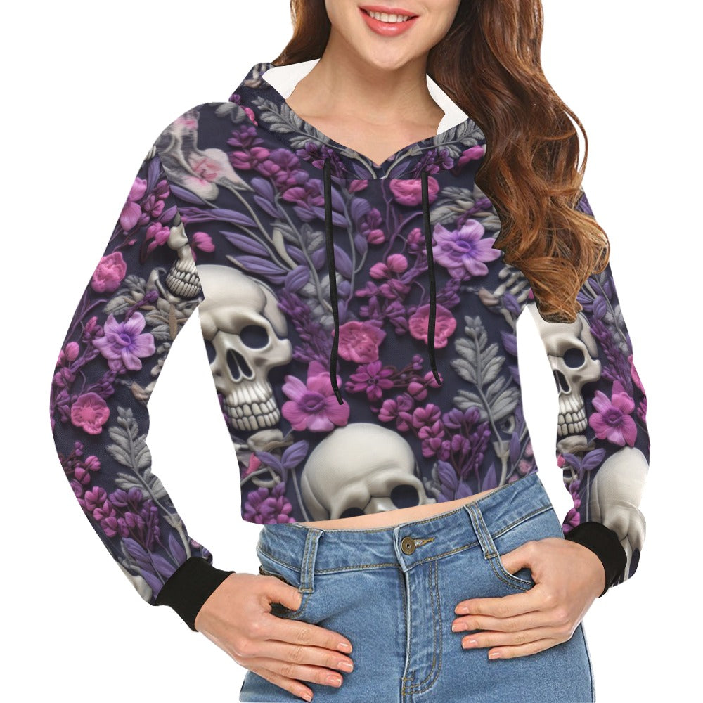 Skeletons w/ Purple Flowers Crop Hoodie for Women