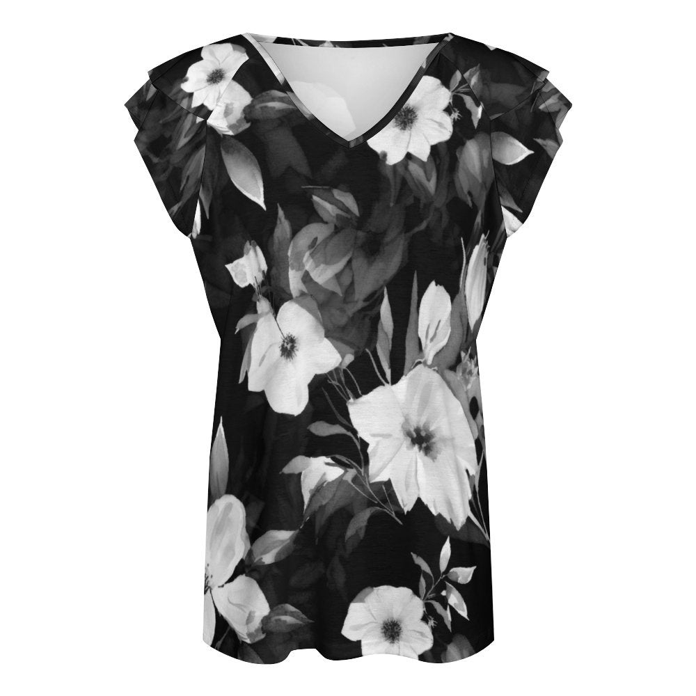 Black and White Ruffle Sleeve V-Neck T-Shirt