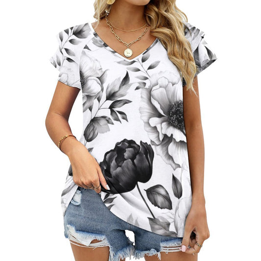 White and Black Ruffle Sleeve V-Neck T-Shirt