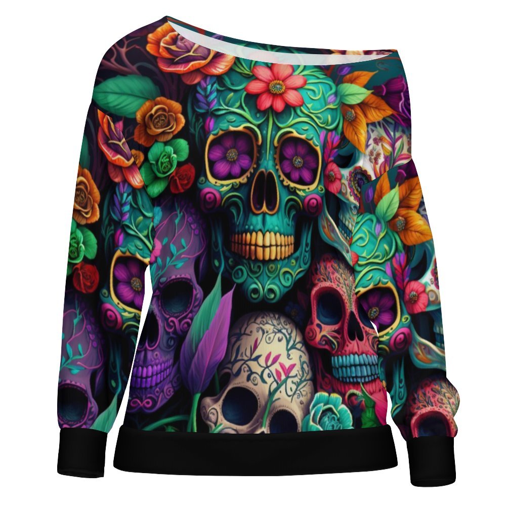 Colorful Skelton Collage Off Shoulder Sweatshirt Hatless hoodie