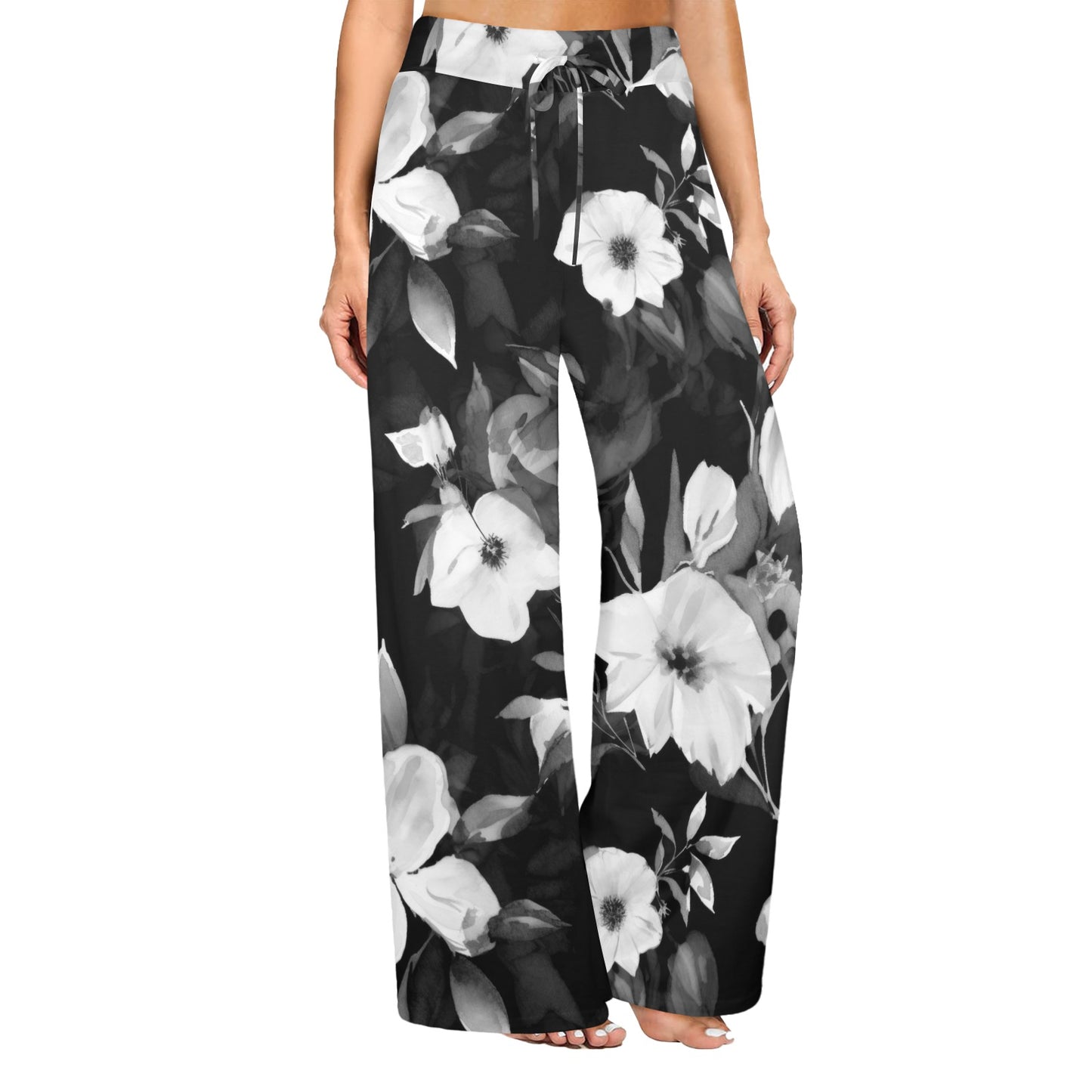 Black and White Flowers Women's Wide Leg Lounge Pants