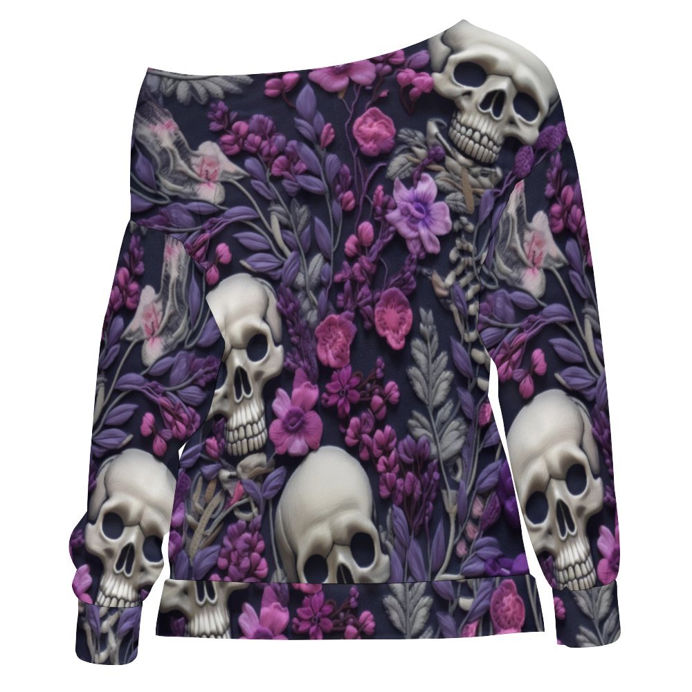 Skeletons w/ Purple Flowers Off Shoulder Sweatshirt