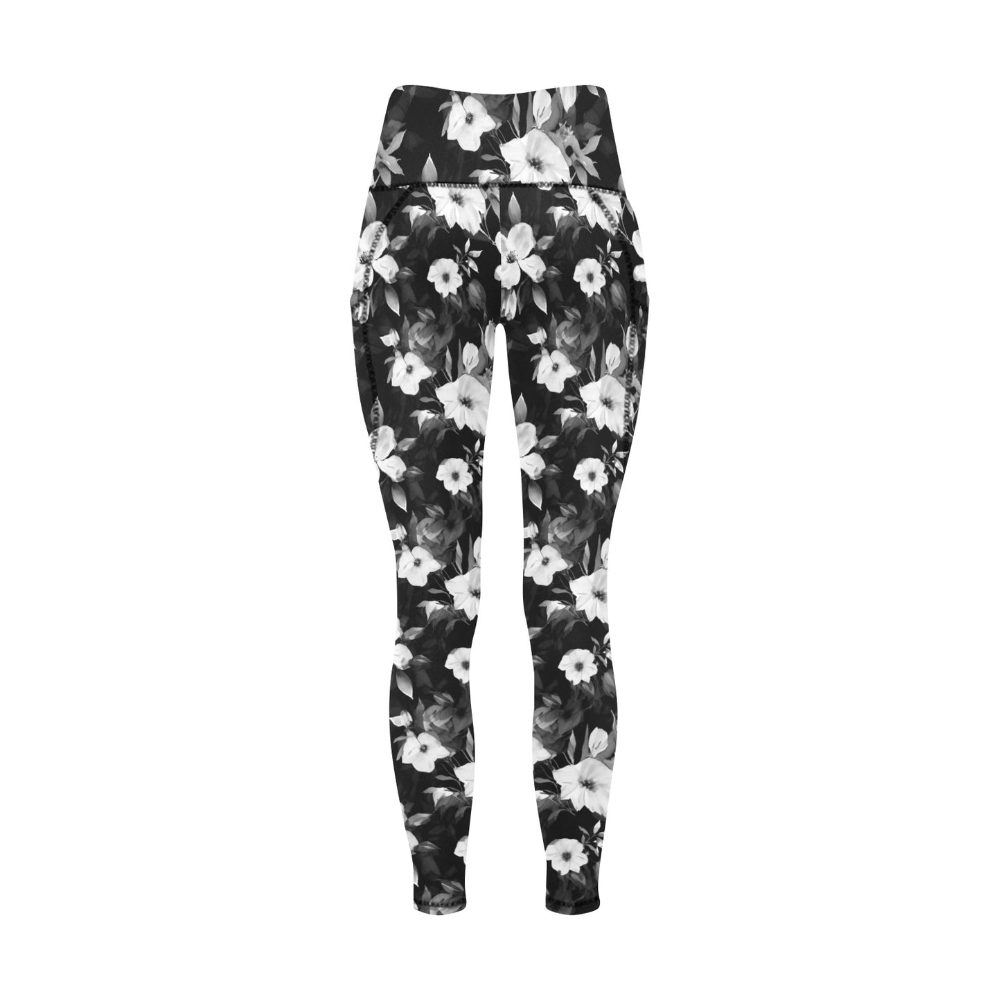 Black and White Flowers Women's All Over Print Leggings with Pockets