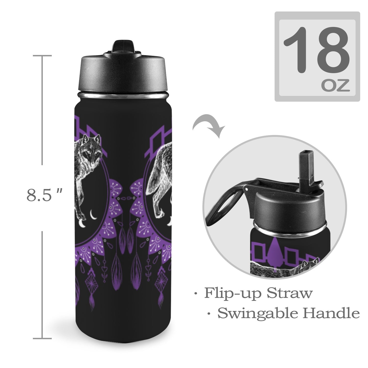 Wolf Dreamcatcher Insulated Water Bottle with Straw Lid (18oz)