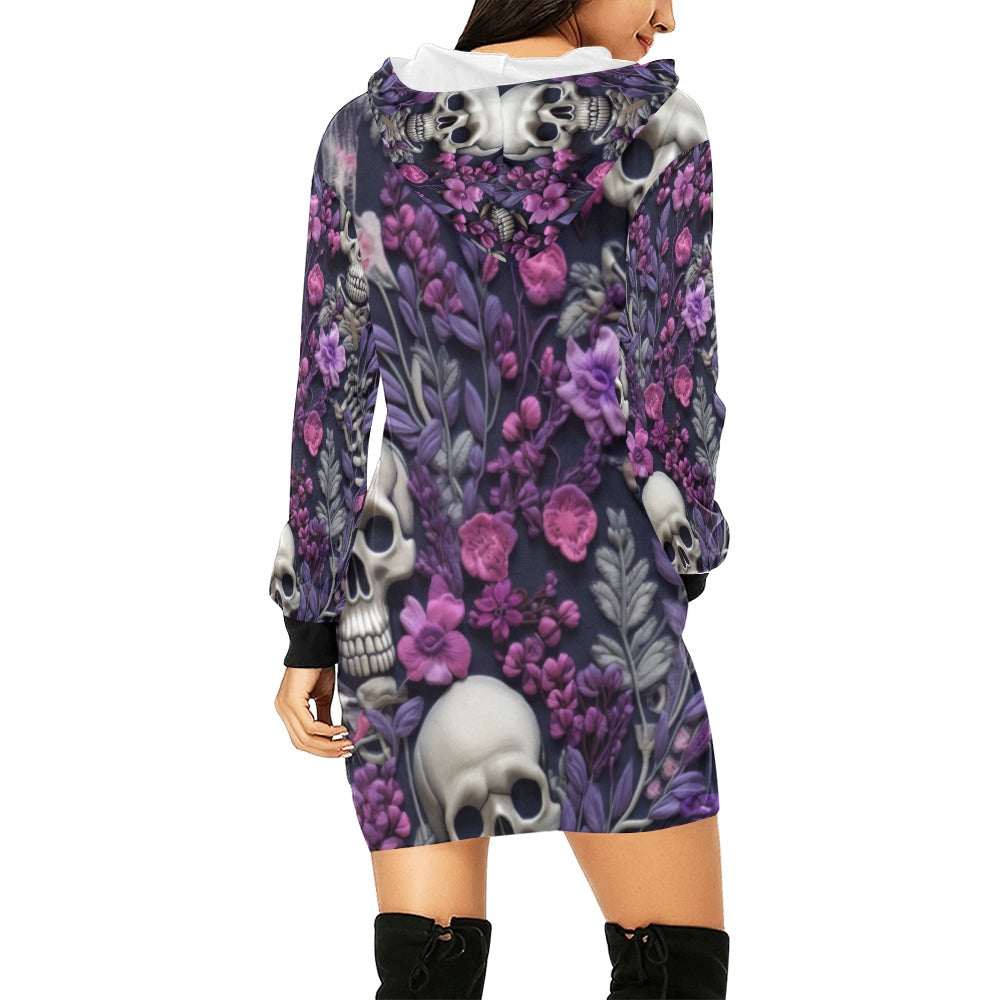 Skeletons w/ Purple Flowers Hoodie Mini Dress (Model H27)