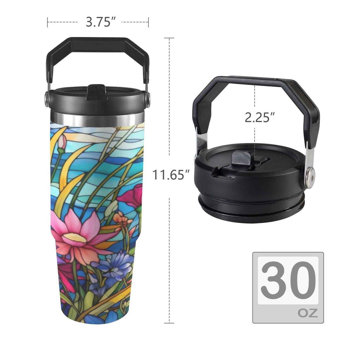 Stained Glass Flowers  30oz Tumbler with Top Handle