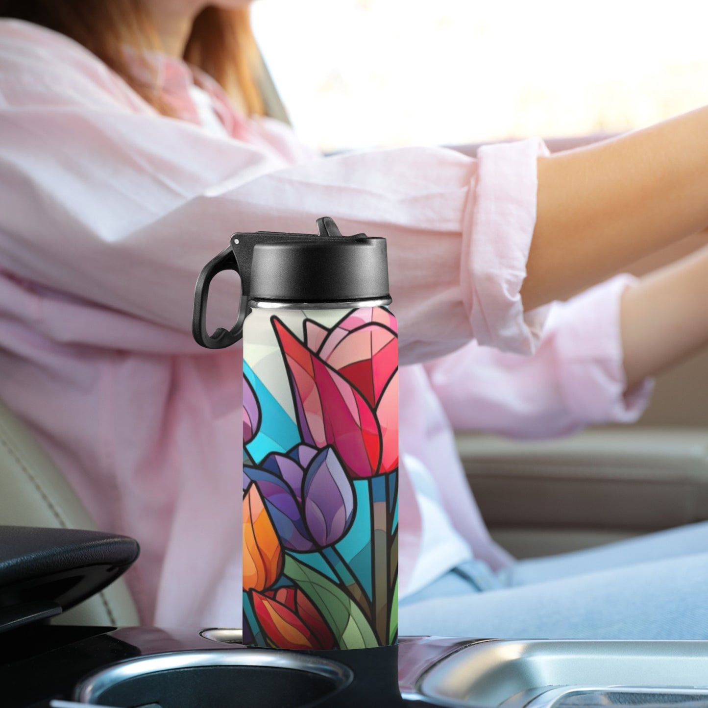 Stained Glass Flowers 4 Insulated Water Bottle with Straw Lid (18oz)