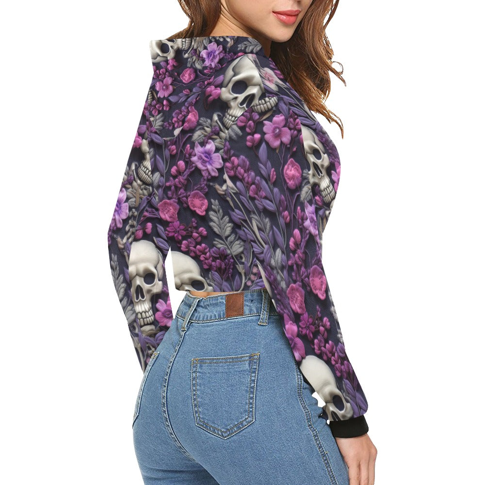 Skeletons w/ Purple Flowers Crop Hoodie for Women