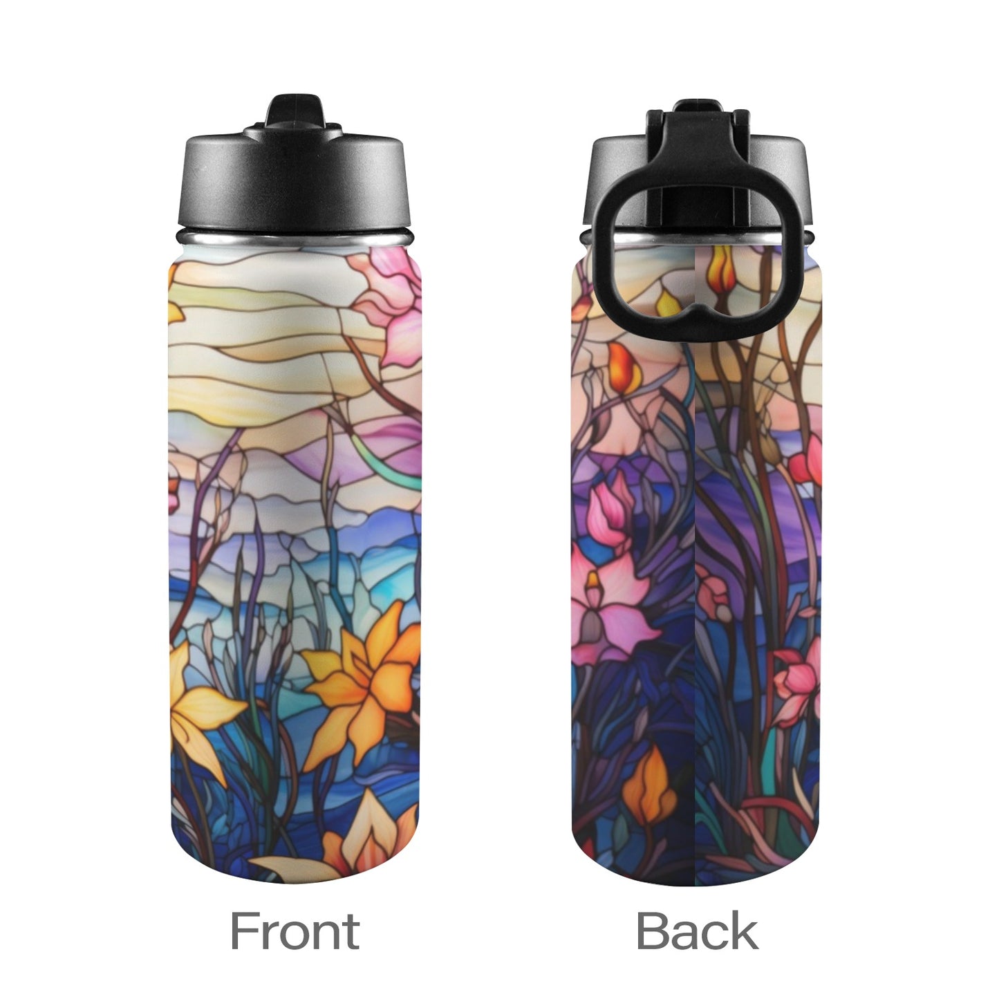 Stained Glass Flowers Background 02 Insulated Water Bottle with Straw Lid (18oz)