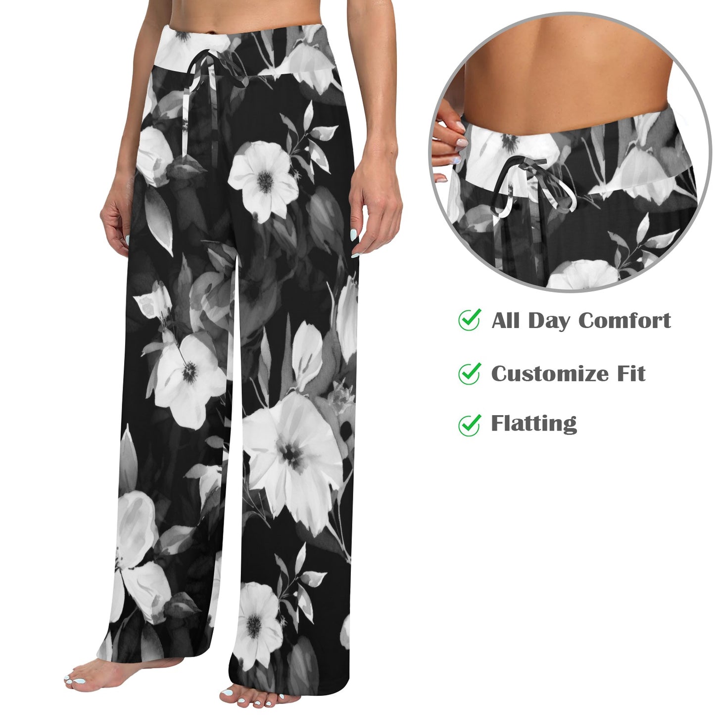 Black and White Flowers Women's Wide Leg Lounge Pants