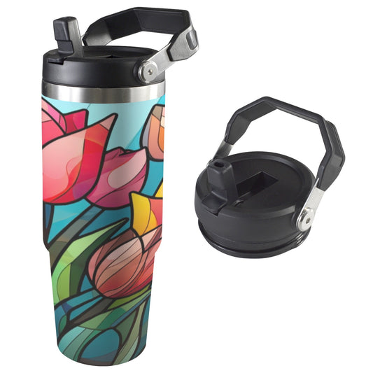 Stained Glass Flowers 4 30oz Tumbler with Top Handle