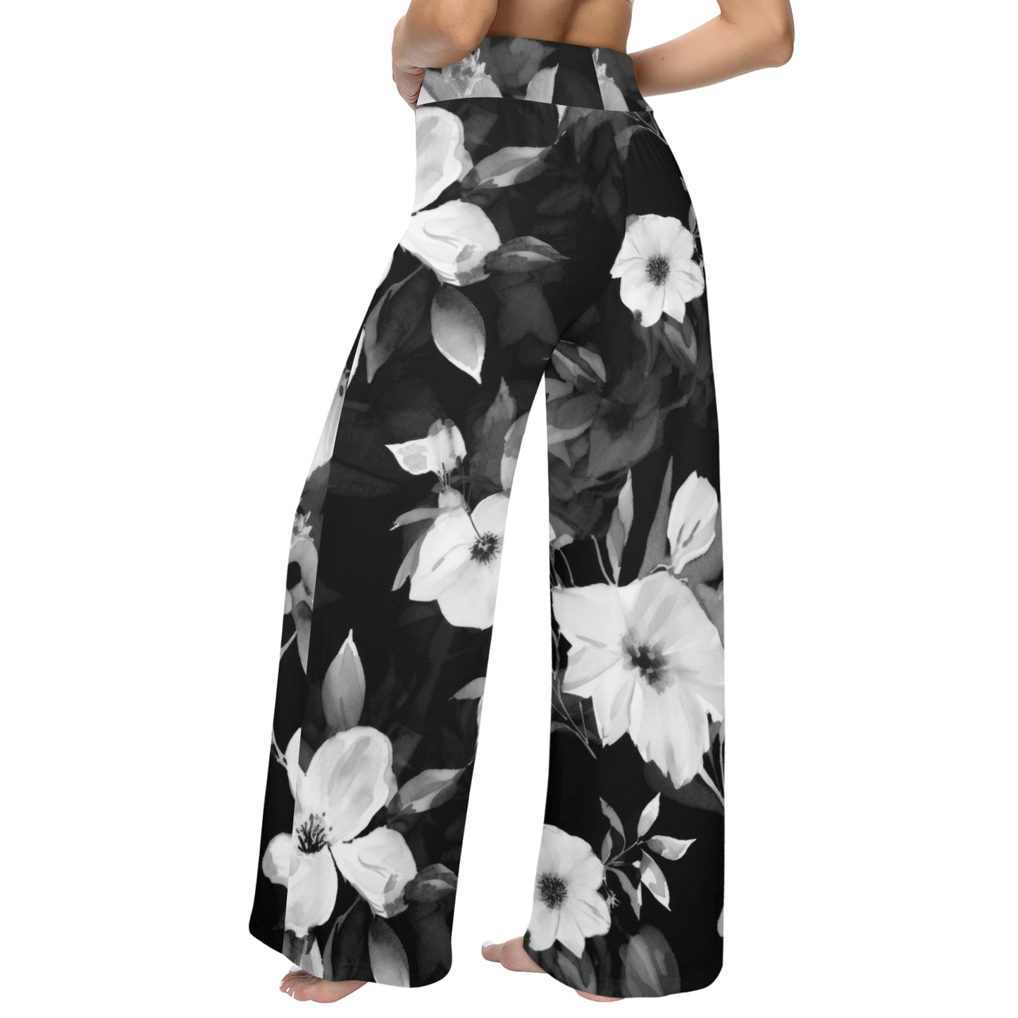 Black and White Flowers Women's Wide Leg Lounge Pants