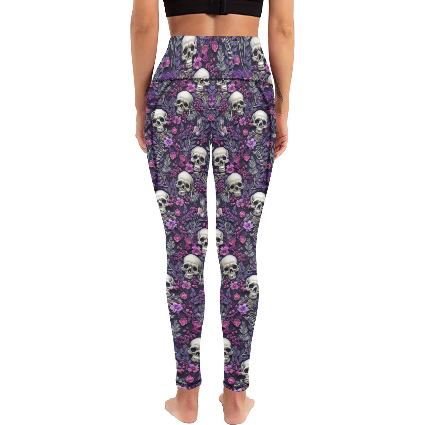 Skeletons w/ Purple Flowers Women's  Leggings with Pockets