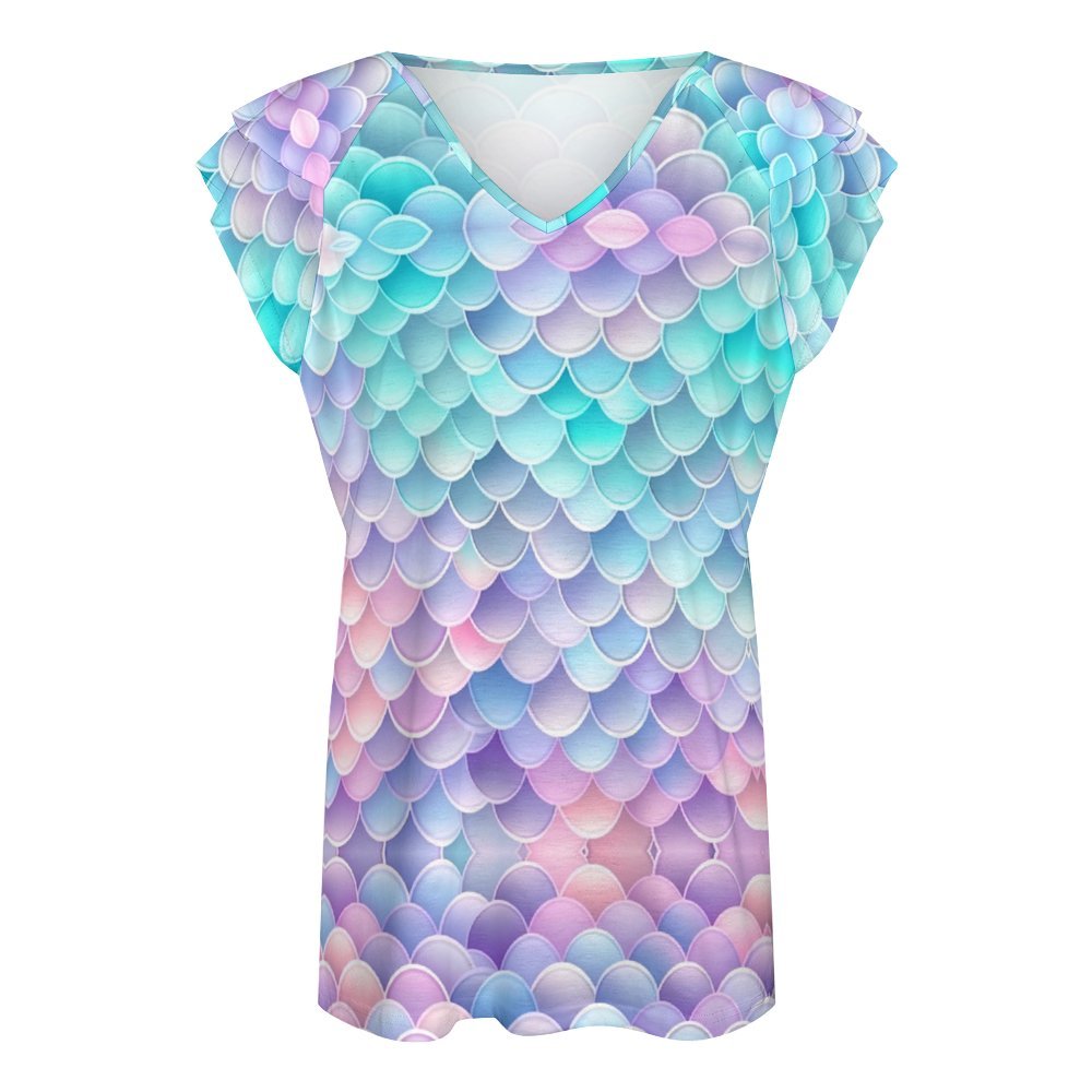 Pastel Mermaid Tail Ruffle Sleeve V-Neck T-Shirt