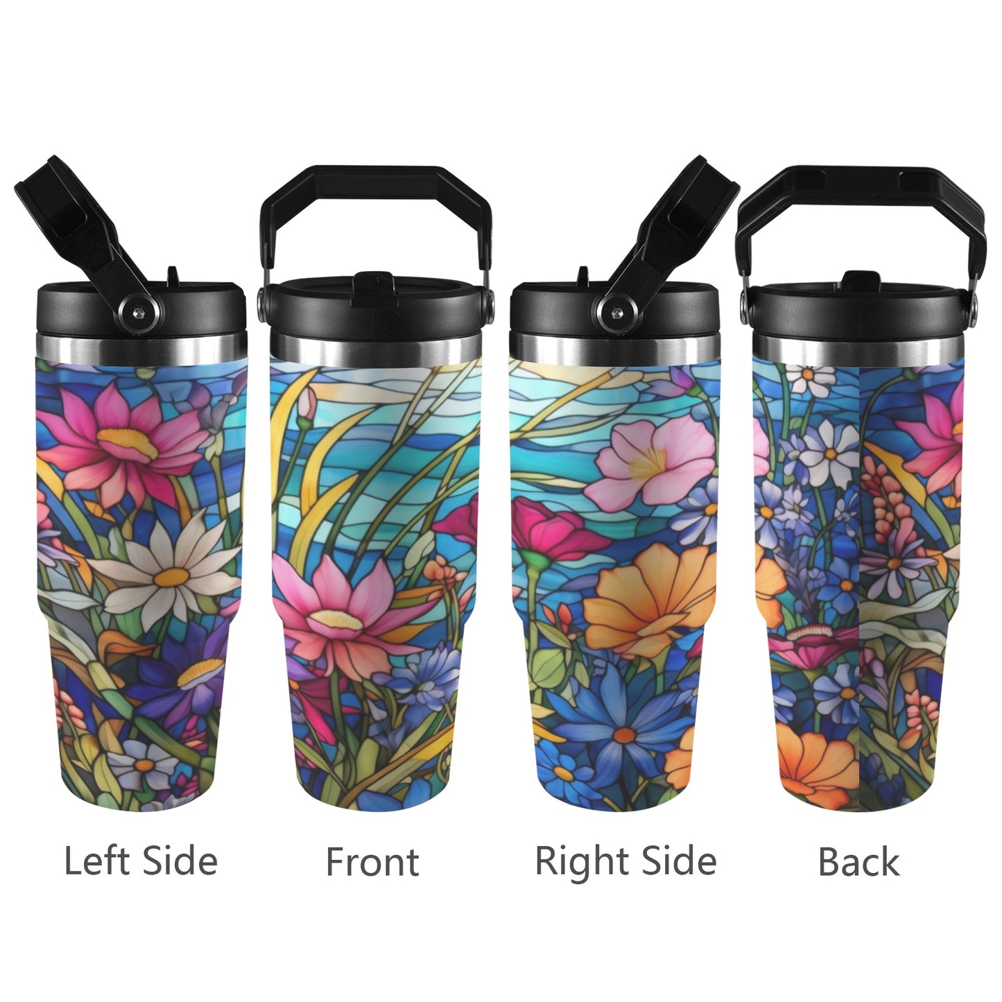 Stained Glass Flowers  30oz Tumbler with Top Handle