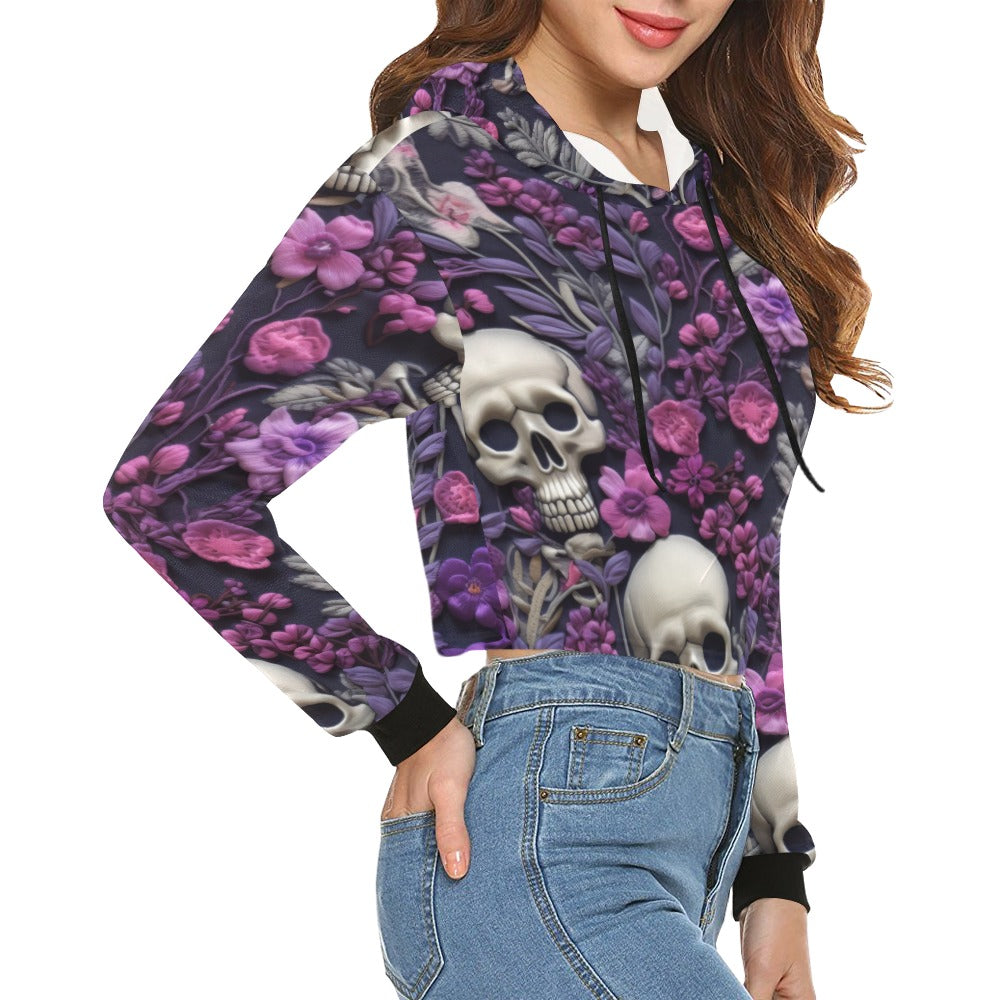 Skeletons w/ Purple Flowers Crop Hoodie for Women