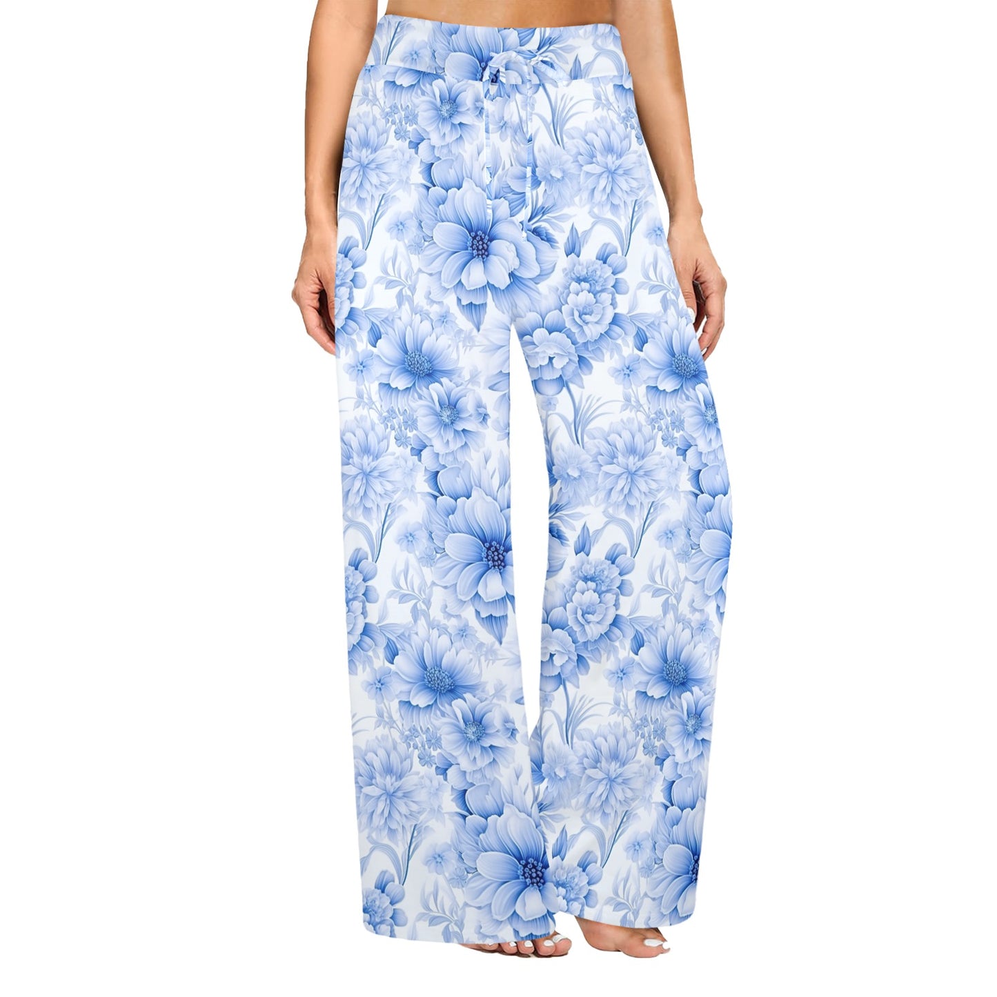 Blue Flowers Women's Wide Leg Lounge Pants