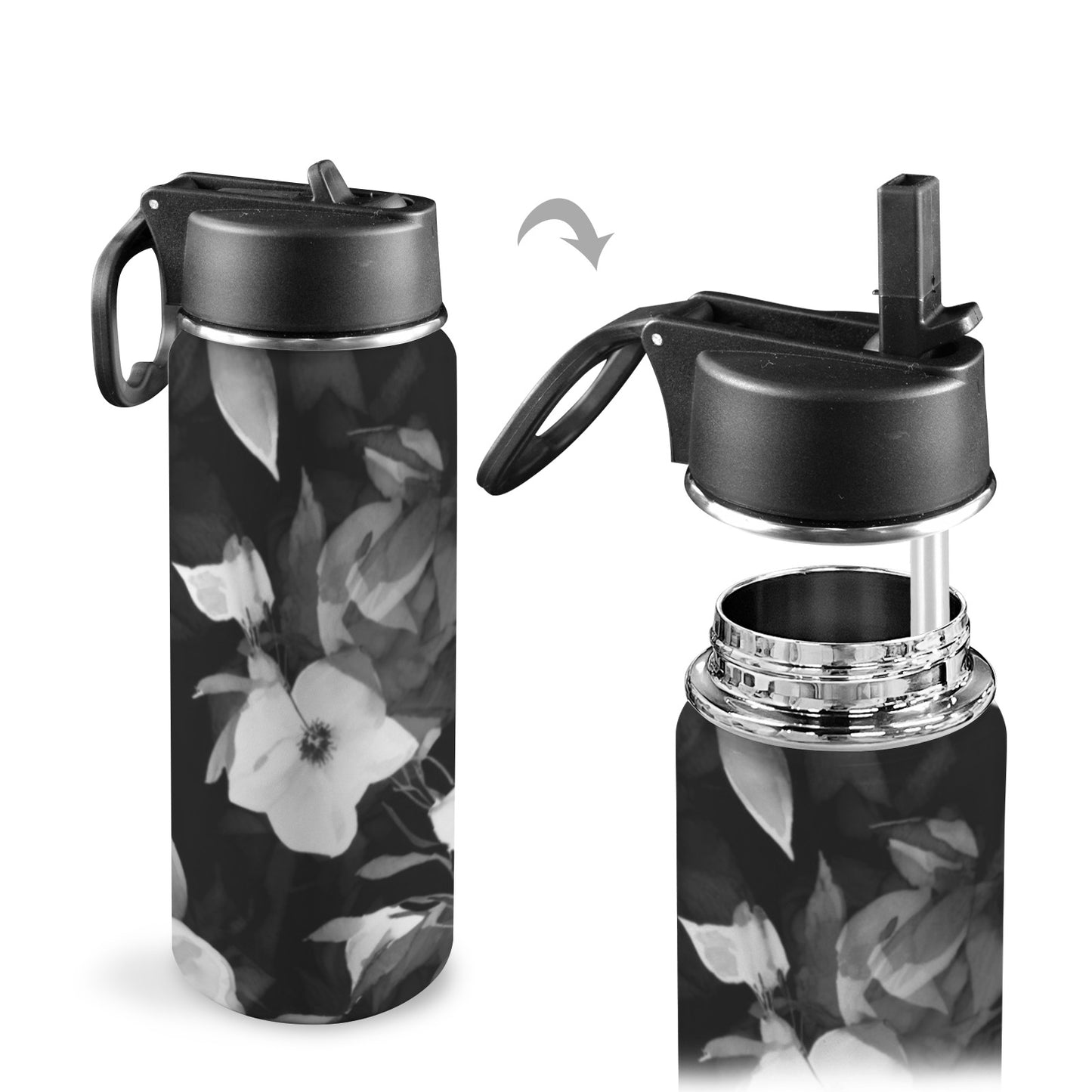 Black and White Flowers Insulated Water Bottle with Straw Lid (18oz)