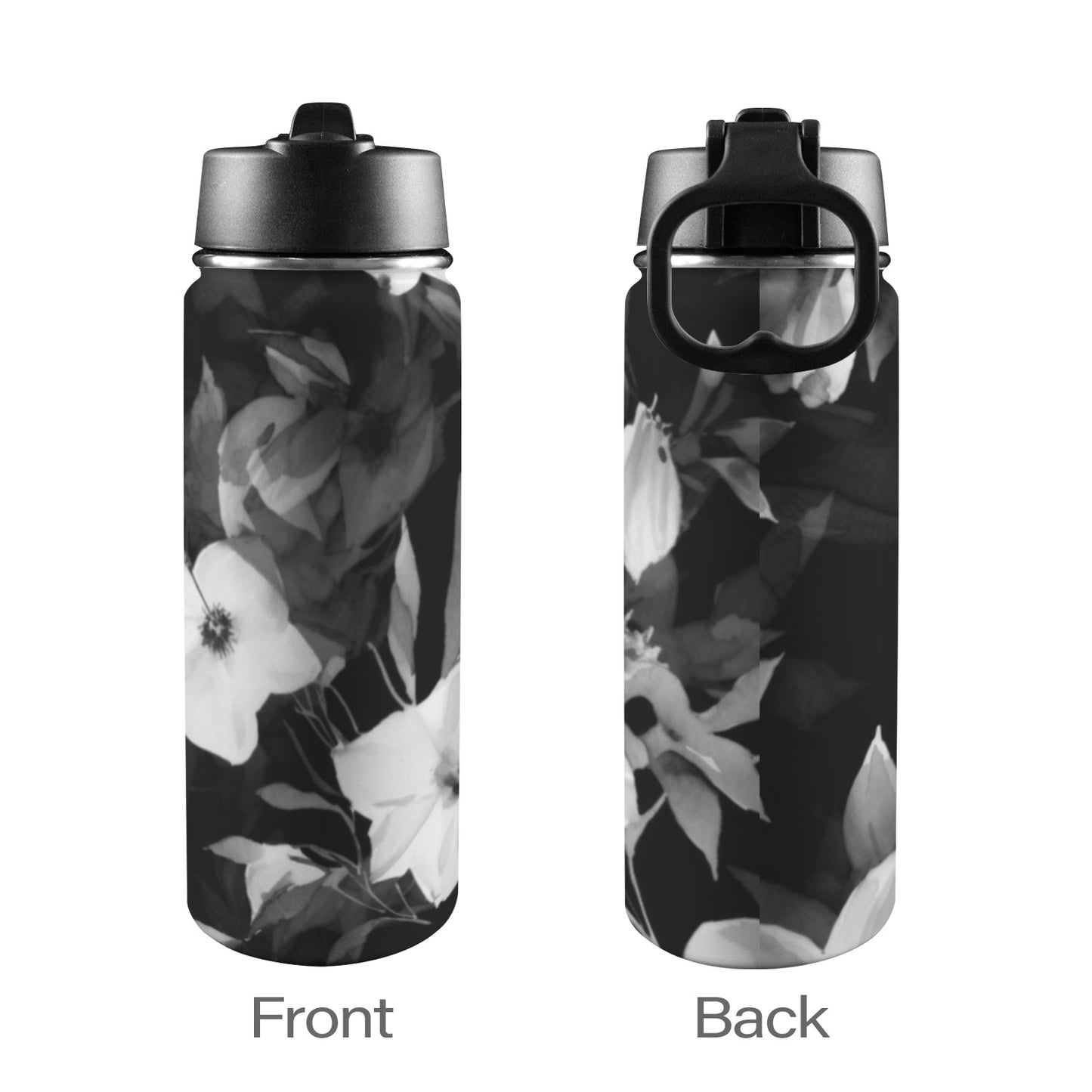 Black and White Flowers Insulated Water Bottle with Straw Lid (18oz)