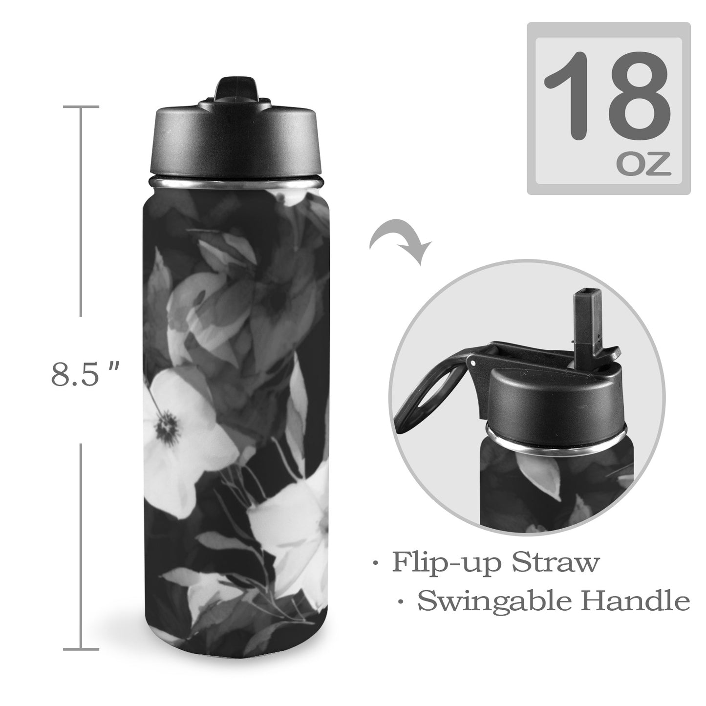 Black and White Flowers Insulated Water Bottle with Straw Lid (18oz)