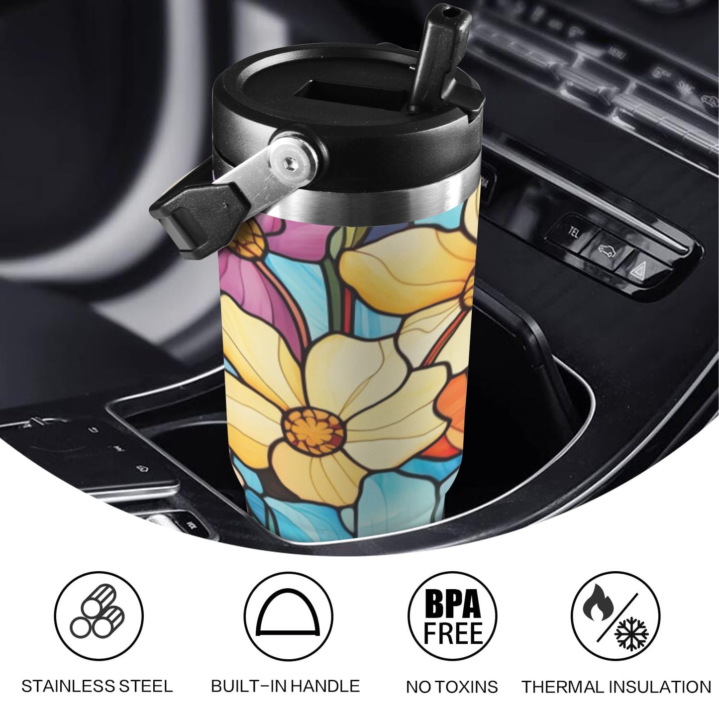 Stained Glass Flowers 3 30oz Tumbler with Top Handle