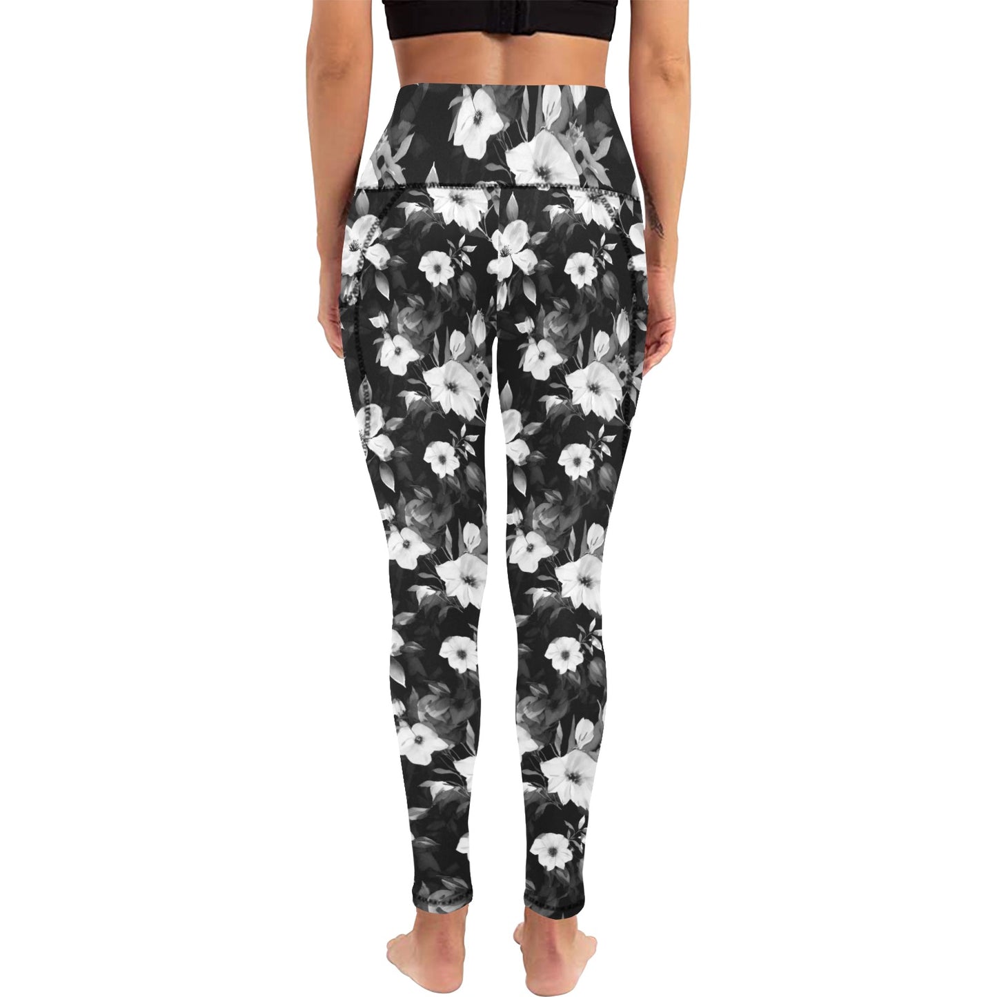 Black and White Flowers Women's All Over Print Leggings with Pockets