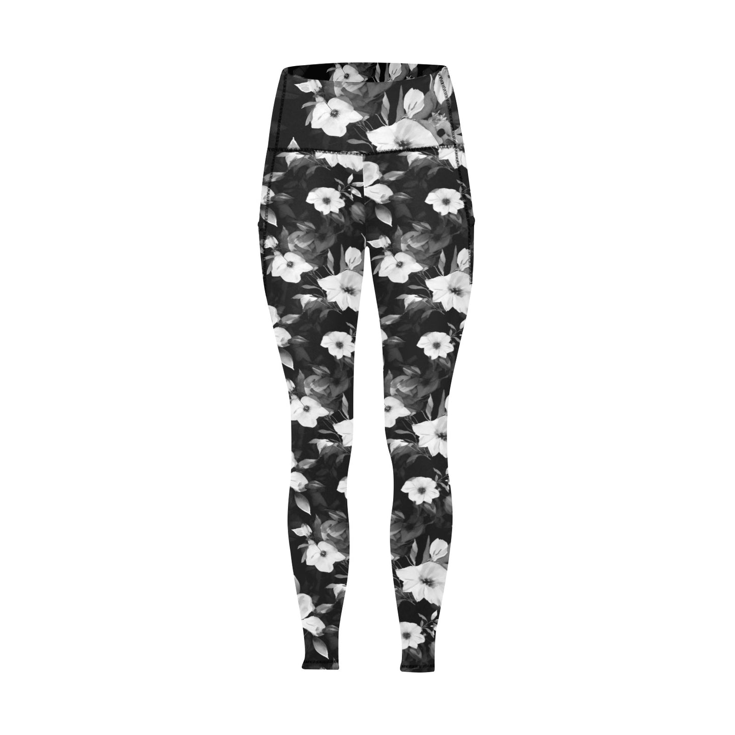 Black and White Flowers Women's All Over Print Leggings with Pockets