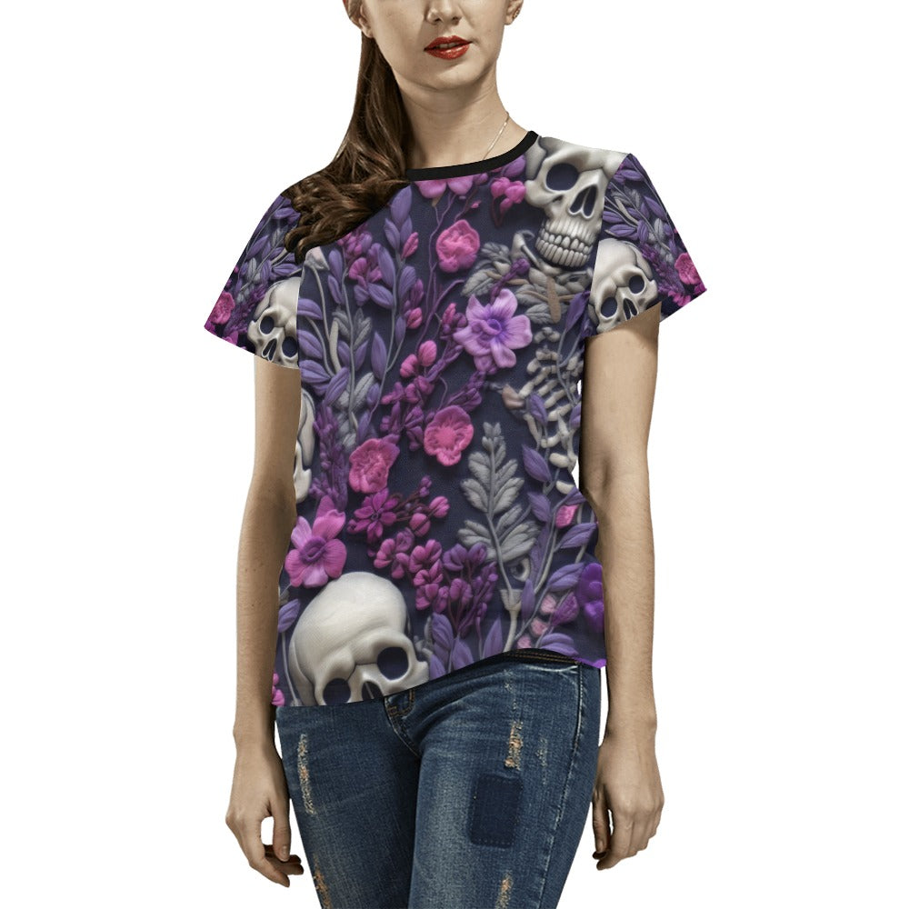 Skeletons w/ Purple Flowers T-Shirt for Women (USA Size) (Model T40)