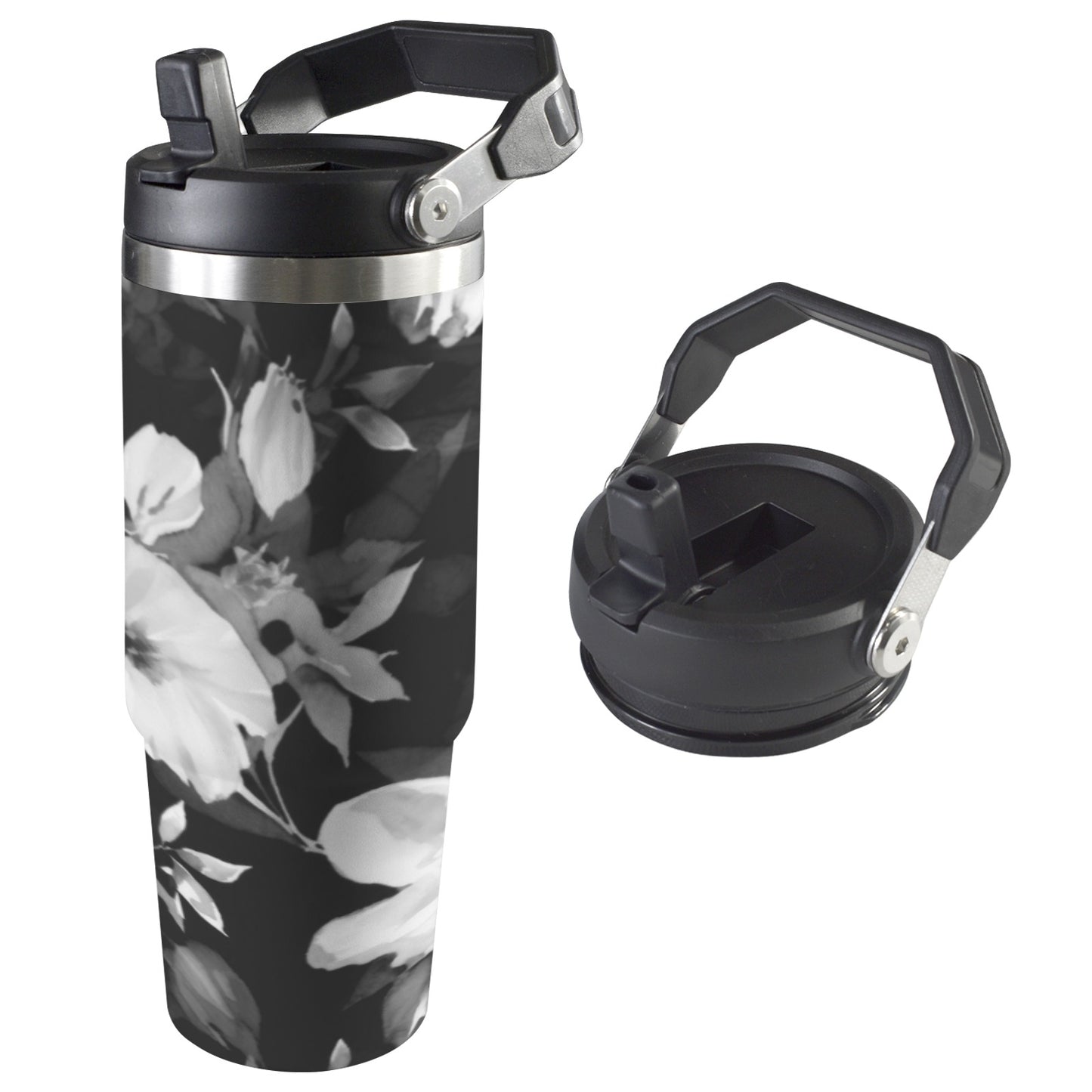 Black and White Flowers 30oz Tumbler with Top Handle