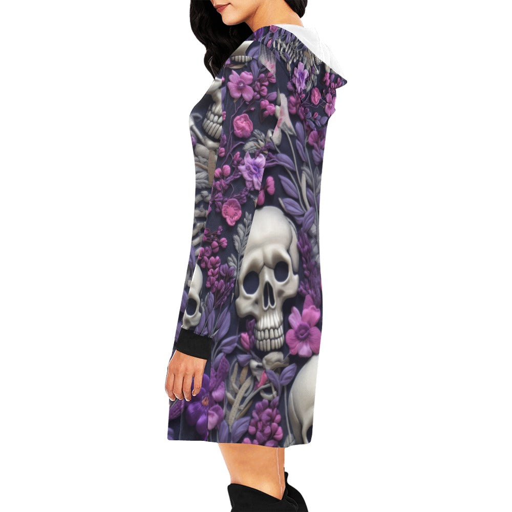 Skeletons w/ Purple Flowers Hoodie Mini Dress (Model H27)