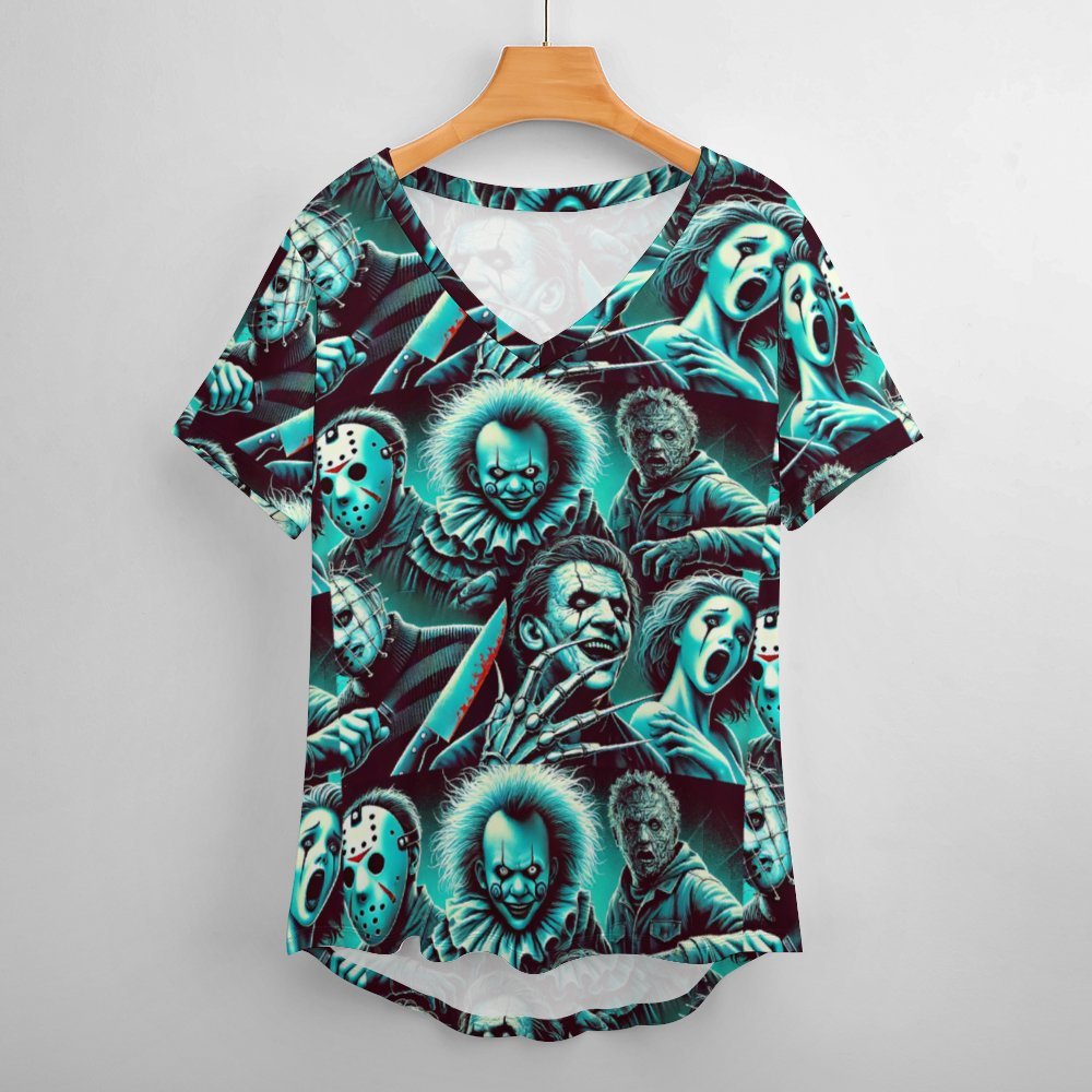 Spooky Chic: Women’s Short Sleeve Loose Tee with Halloween Horror