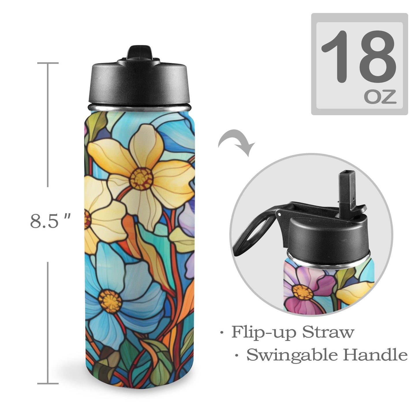 Stained Glass Flowers  03 Insulated Water Bottle with Straw Lid (18oz)