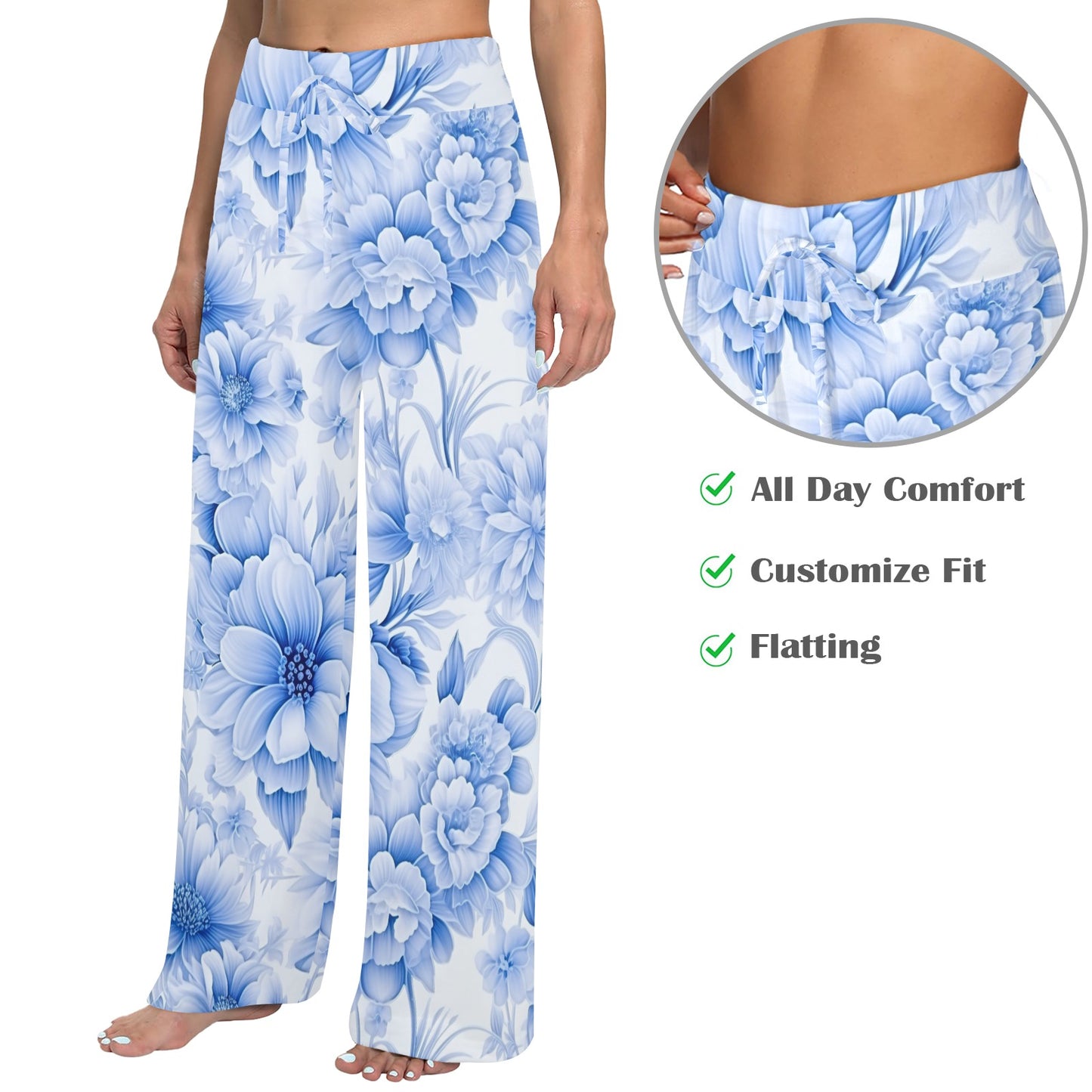 Blue Flowered Women's Wide Leg Lounge Pants