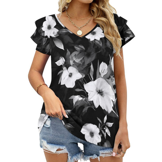 Black and White Ruffle Sleeve V-Neck T-Shirt